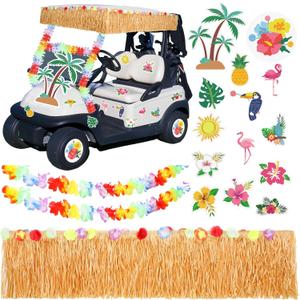 Zeyune 19 Pcs Summer Parade Golf Cart Decorations Kit Hawaiian Luau Grass Fringe Banner 19.7 ft Plastic Flower Lei Garland Summer Luau Stickers for Golf Cart Summer Theme Decorations