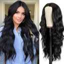 MYQUEEN Long Wavy Wig for Women 26 Inch Black Synthetic Lace Front Wig Middle Part Curly Wavy Natural Looking Wig for Daily Party Holloween Cosplay Use