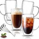 DINGPAl 15 oz Double Walled Glass Coffee Mugs, Set of 4 Large Double Wall Layer Coffee Mug Insulated Borosilicate Glass Cups with Handle and Spoon for Latte, Cappuccino, Espresso, Americano