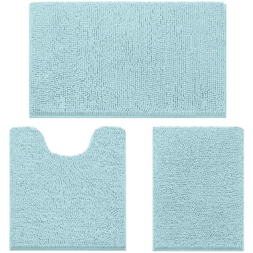 HOMEIDEAS 3 Pieces Bathroom Rugs, Ultra Soft Non Slip Absorbent Chenille Toilet Bath Mat Set (Light Blue), Size: 17"x24"+20"x32"+U Shape 20"x24"
