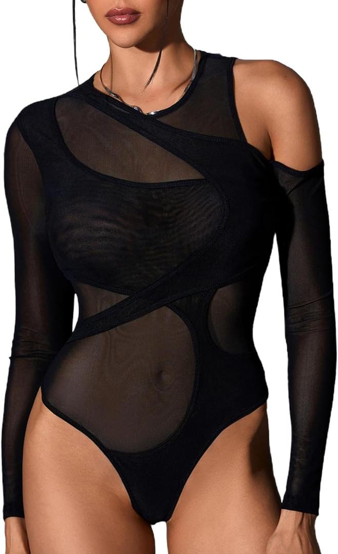 MakeMeChic Women's Y2K Cut Out Mesh Sheer Bodysuits Long Sleeve Round Neck Tee Shirt Asymmetrical Top (Large, Black)