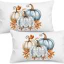 Fall Lumbar Pillow Covers 12x20 inch Set of 2  White Linen Decorative Throw Pillowcases, Double-Sided Pumpkin Print, Slightly Water-Resistant, Cushion Covers for Autumn Home Dcor