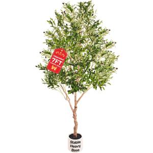 Large Olive Trees Artificial Indoor, Upgraded 7FT Faux Olive Tree with Natural Wood Trunk and Lifelike Fruits, White Tall Planter, Modern Artificial Plants for Home/Office Decor Gifts