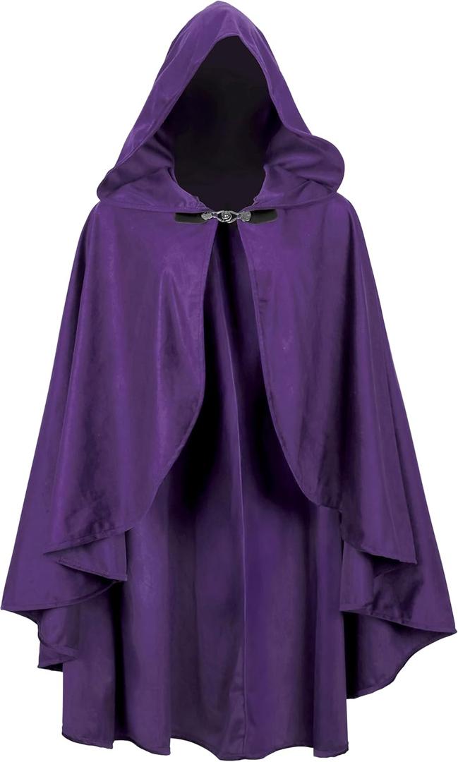 Medieval Cloak with Hood Short Hooded Cape for Adult Men and Women Halloween Renaissance (Purple)