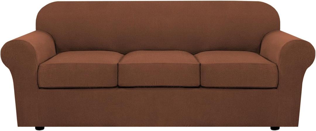 H.VERSAILTEX 4 Piece Stretch Sofa Covers for 3 Cushion Couch Covers for Living Room Furniture Slipcovers (Base Cover Plus 3 Seat Cushion Covers) Upgraded Thicker Jacquard Fabric (Sofa, Caramel) (Large)