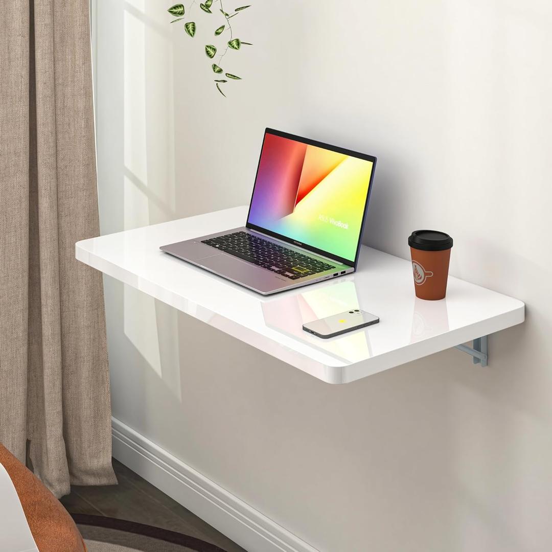 Clikuutory White Wall Mounted High Gloss Folding Table 23.6" L x 15.7" W, Laundry Folding Table for Laundry Room, Home Office, Kitchen, Bedroom, Home Bar, Wall Desk Fold Down for Small Spaces