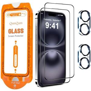 Pack of 3 QsmQam for iPhone 16 Screen Protector + Camera Lens Protector, [Military Grade Shatterproof], Ultra Top 9H+ Tempered Glass, Full Coverage Screen, with Automatic Dust Removal [2+2 Pack]