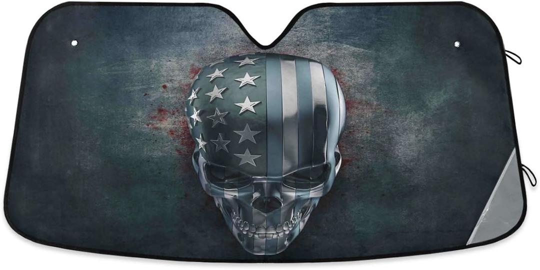 3D Metal Skull With USA Flag Car Windshield Sunshade Foldable Reflective Sun Shade Blocks UV Rays
