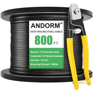 Andorm 1/8 800ft T316 Stainless Steel Railing Cable Wire Rope 7x7 Strands Construction for Deck Cable Railing System, Cable Railing Hardware, Aircraft Cable Kits