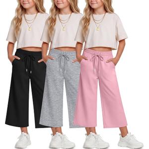 Halfchet 3 Pack Girls Capri Pants Wide Leg Baggy Cropped Sweatpants Kids Basic Casual Capris with Pockets for Ages 5-14