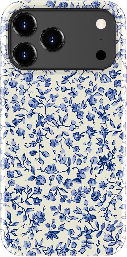 for iPhone 17 Pro Max Case - Wireless Charging Compatible - Dual-Layer Hard Shell + Silicone Cover - Shockproof Protective Phone Case with Cutee Designs for Women - Tiny Blue Flowers