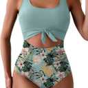 Eomenie Women's One Piece Swimsuit Tummy Control Slimming Bathing Suit Cutout Tie Knot Swimwear (Large, Green Print)
