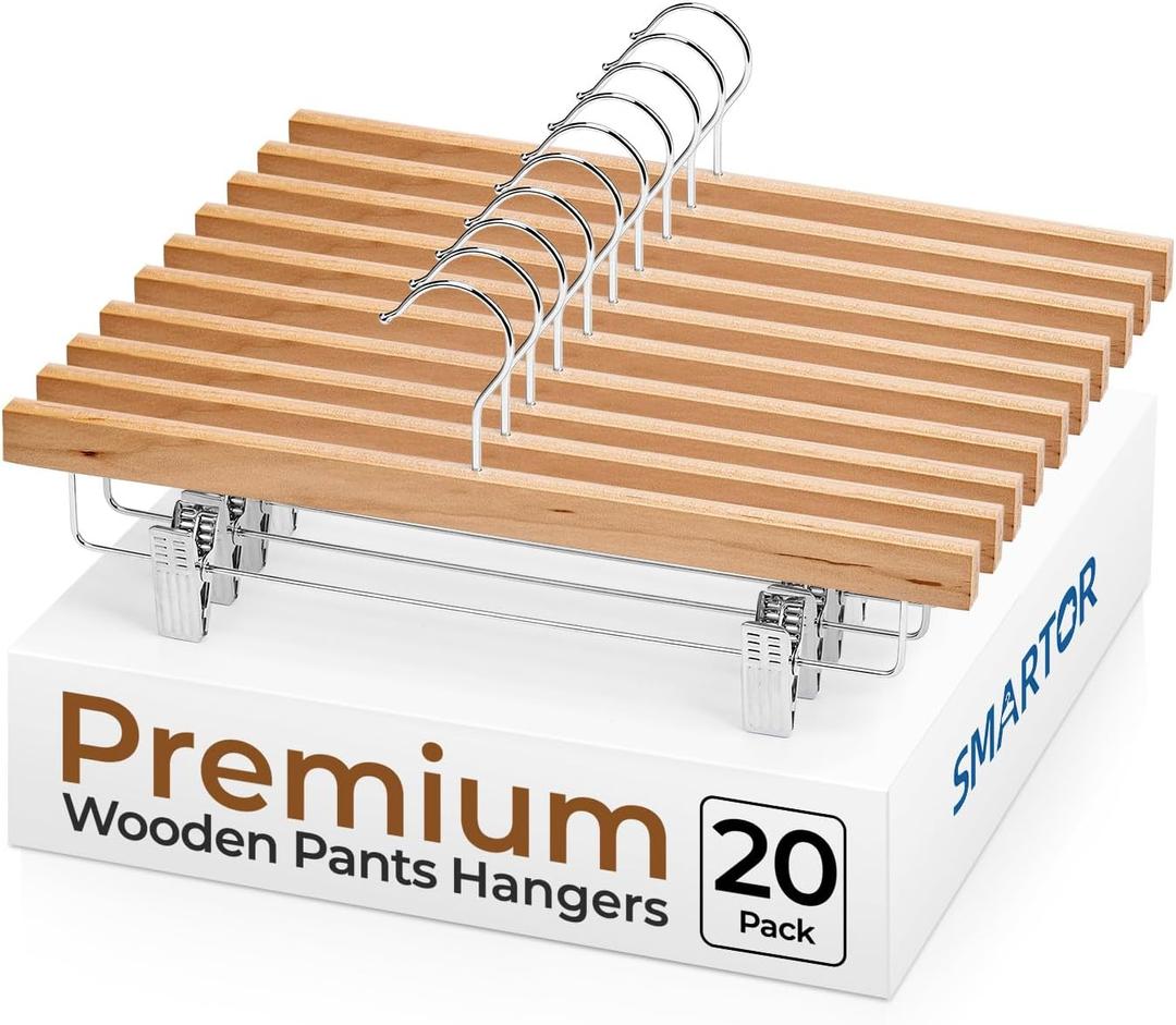 SMARTOR Natural Wooden Pants Hangers 20 Pack, Heavy Duty Skirt Hanger with 2-Adjustable Clips, Space Saving Shorts Hanger with 360Swivel Hook, Essential College Dorm Hangers for Jeans, Trousers