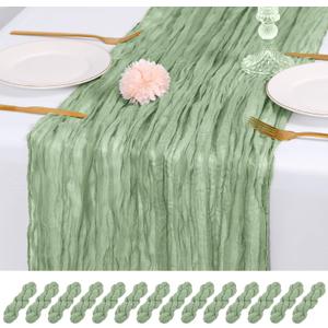 14 Pack Sage Green Cheesecloth Table Runner 17x108 Inch Semi Sheer Boho Gauze Cheese Cloth Fabric Table Runners, for Wedding Party Baby Shower Birthday Home Decor Garden Farmhouse