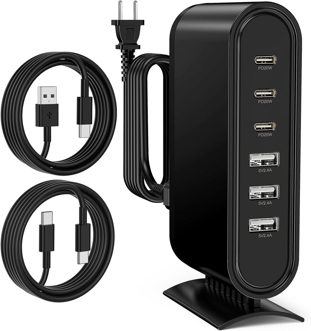 96W Charging Station for Multiple Devices,6 Port Multi Charger Station with 6.6ft USB C Cables, Fast Charging Hub Organizer Multiport for iPhone 17/Air/Pro Max/16 15 Series, Samsung, Android, iPad