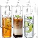 Inbagi 6 Pcs Square Drinking Glasses with Glass Straws 15.6 oz Highball Cups Clear Kitchen Glassware Elegant Bar Bottles for Water, Wine, Juice, Cocktail, Coffee and Mixed Drinks