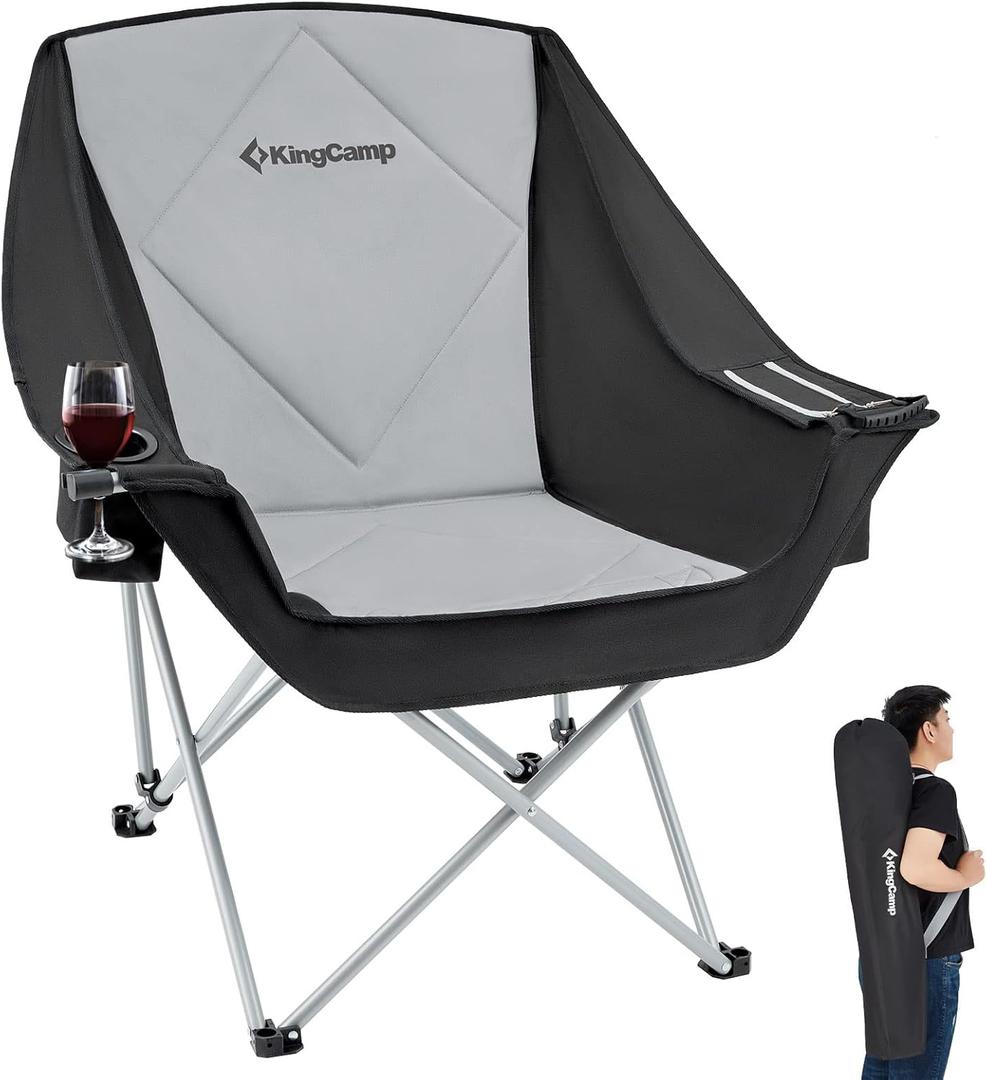 KingCamp Oversized Camping Chair, Heavy Duty 500lbs Folding Couch for Adults, Padded Large XL Comfortable Sofa Seat with Ice Bag Cup Holder for Outdoor Sports Backyard Patio Lawn (Black/Grey L)