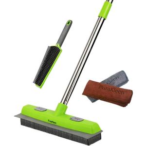 Carpet Rake,Rubber Broom for Pet Hair Removal with 61" Long Handle,2 Microfiber Cloths, Built-in Squeegee & Pet Brush, 4 in 1 Hair Remover for Rugs, Carpets,Tiles,Couches - Green