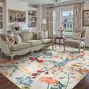 Beige Area Rug 6x9 Floral Washable Living Room Kitchen Boho Carpet Non Slip Low Pile Indoor Accent Lightweight Soft Throw Rug for Bedroom Office Dining Room Nursery Farmhouse