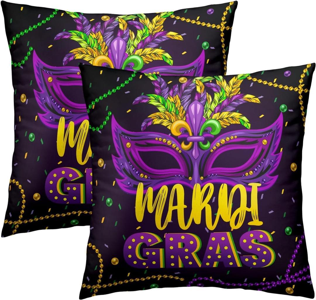 Mardi Gras Purple Pillowcovers 18X18 Inch Masquerade Beads Pillows Set of 2 Happy Mardi Gras Throw Pillows Case Farmhouse Square Cushion Covers Decor for Holiday Outdoor Sofa Couch