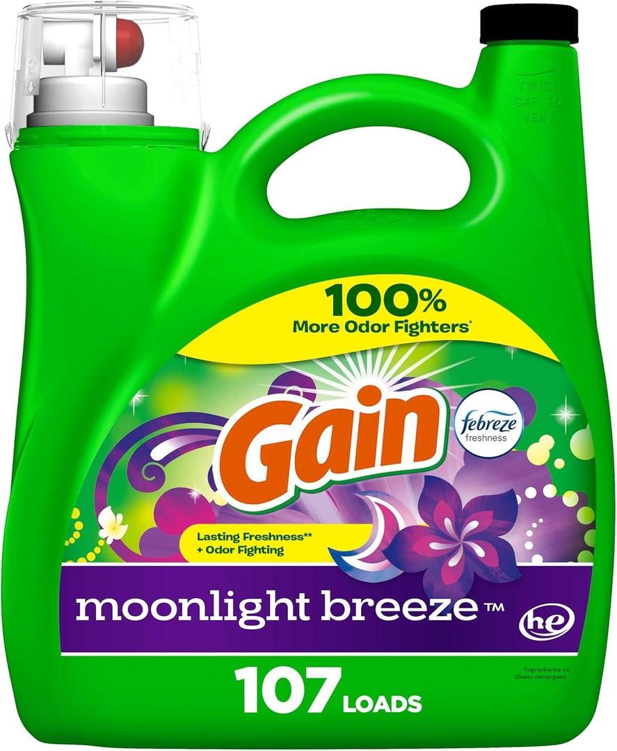 Gain Liquid Laundry Washing Detergent, Moonlight Breeze Scent 154 fl oz, 107 Loads, Lasting Freshness + Powerful Cleaning and Odor Fighting ingredients