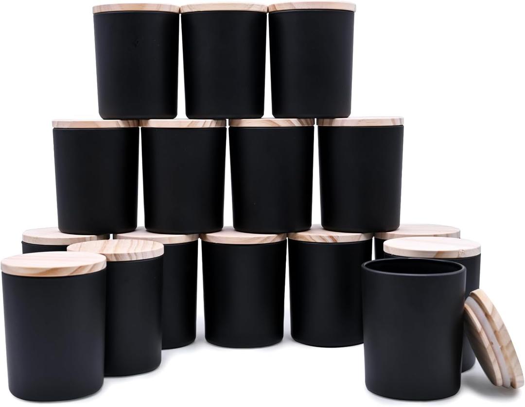 Thick Candle Jars for Making Candles 16 Pcs, 7 OZ Empty Jars with Wood Lids for Candle Making, Sample Container, Matte Black