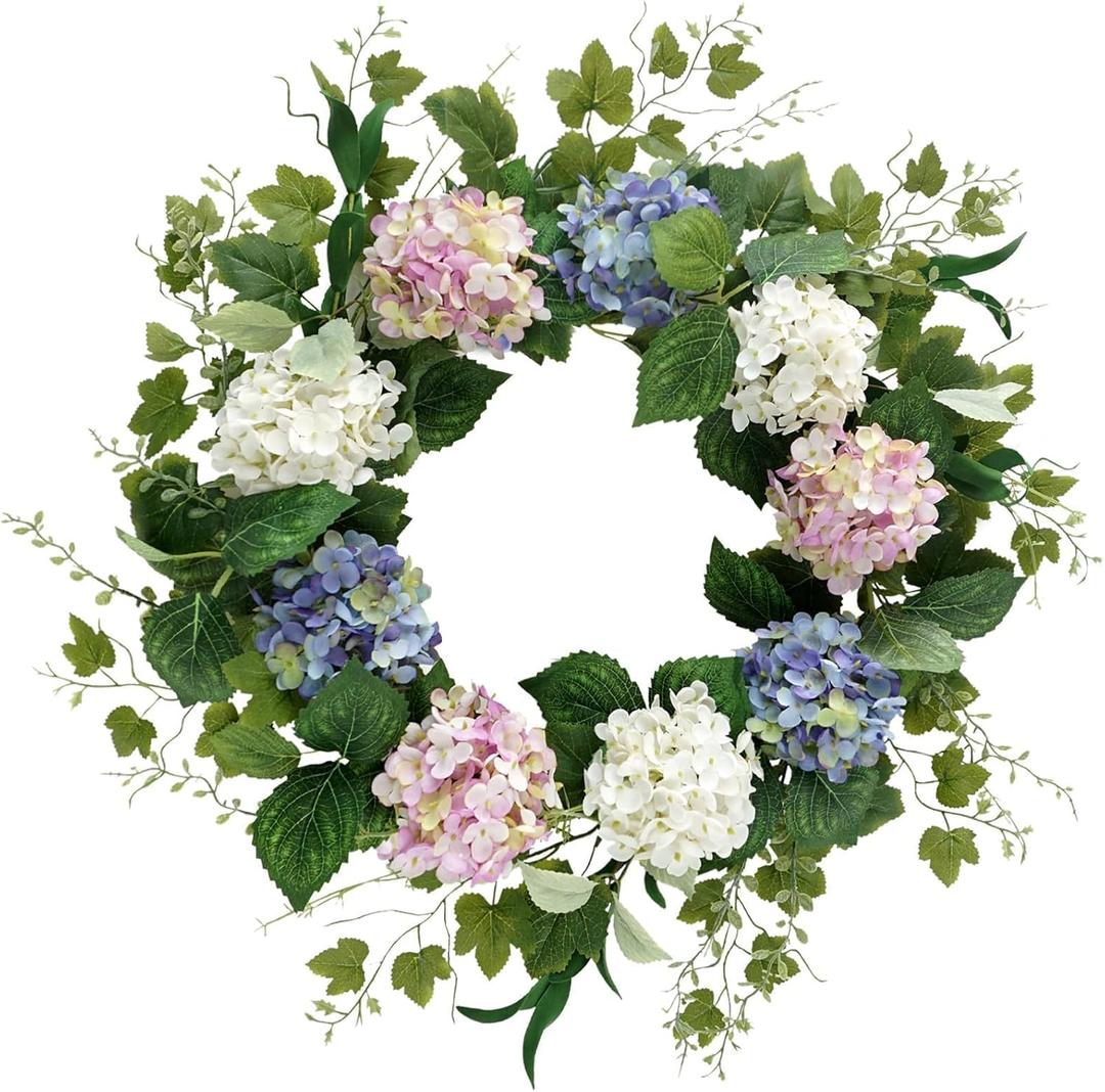 Spring Summer Wreaths for Front Door, 20 Inch Artificial Wreaths with Hydrangea Floral, Floral Wreath for Porch Wall Window Wedding Decor, All Season Wreaths for Home Outdoor Decoration (Pink Blue White)