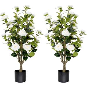2 Pack 3FT Artificial Camellia Tree Fake Outdoor Tree with 28Blooming Flowers White Tree for Home Front Door Winter Christmas Indoor Decor
