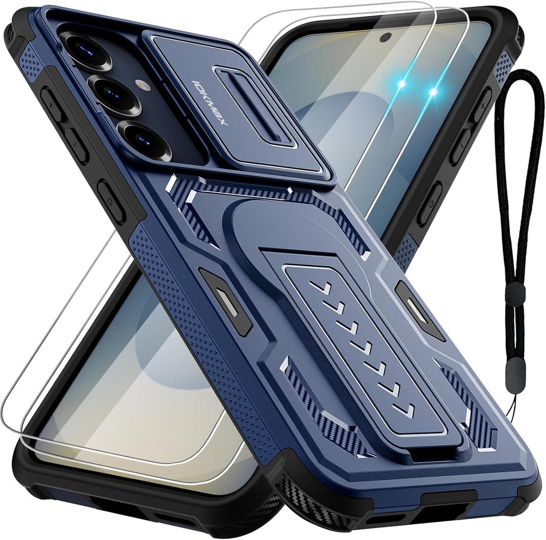 Case for Samsung Galaxy S25/S24 with 2*Screen Protector, Slide Camera Cover, Kickstand, Lanyard Strap, Dual Layer Rugged Non-Slip, Blue
