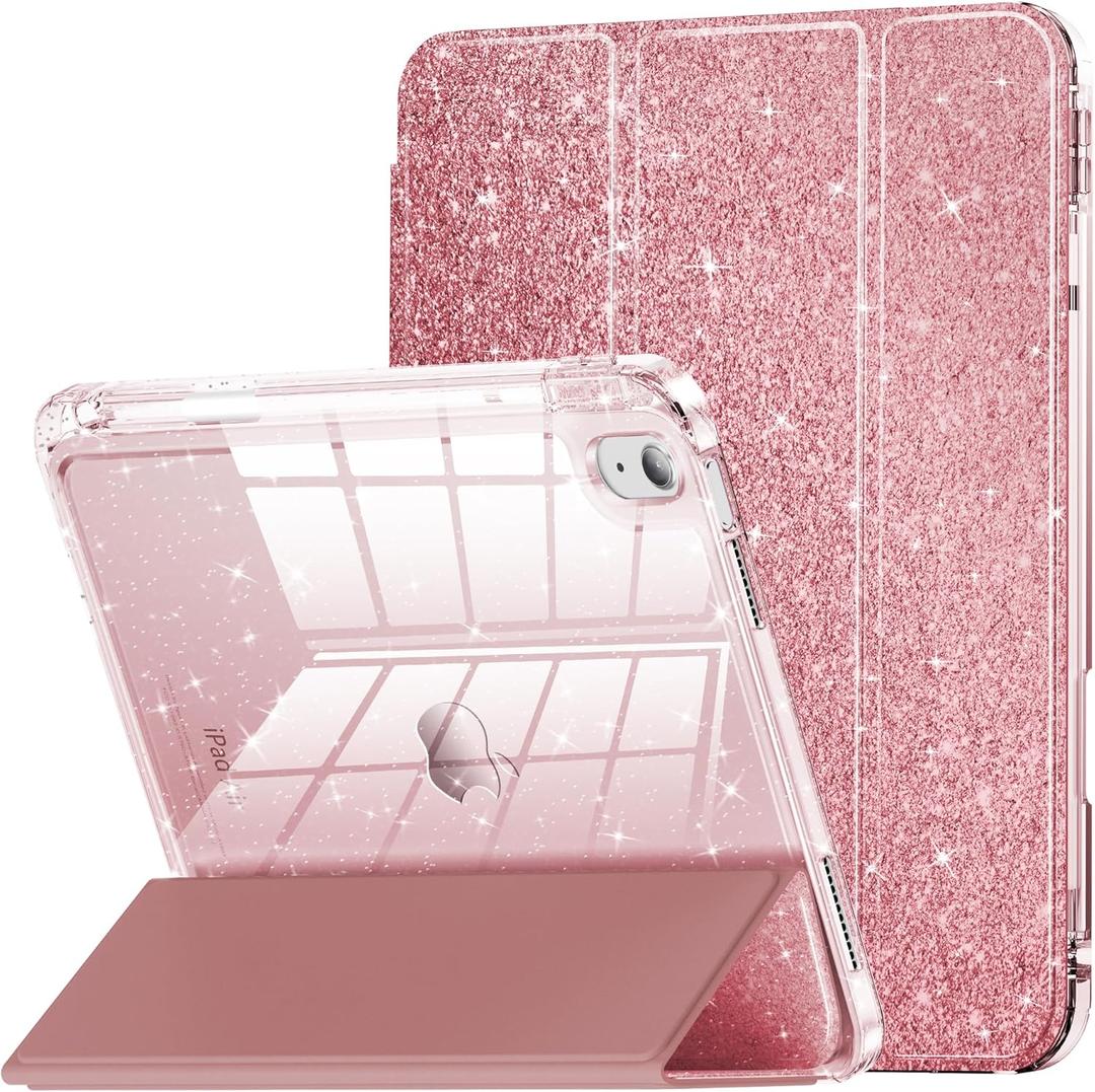 INFILAND for iPad Air 11 inch Case M2 2024/M3 2025, iPad Air 7th/6th5th/4th Generation Case 2022/2020 10.9 inch, Glitter Cover with Clear Back, Pencil Holder for Kids Girls, Rose Gold