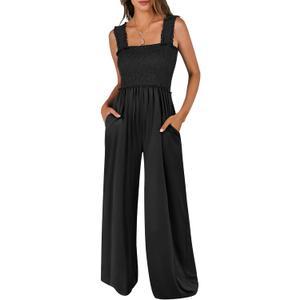 ANRABESS Womens Casual Summer Jumpsuits Smocked Sleeveless Wide Leg Long Romper Jumpers 2025 Beach Vacation Outfits (Medium, Black)