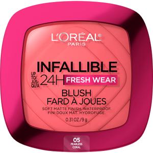 L'Oreal Paris Infallible Up to 24H Fresh Wear Soft Matte Blush, Blendable, Long-Lasting and Waterproof Cheek Make Up, Fearless Coral 05, 0.31 Oz