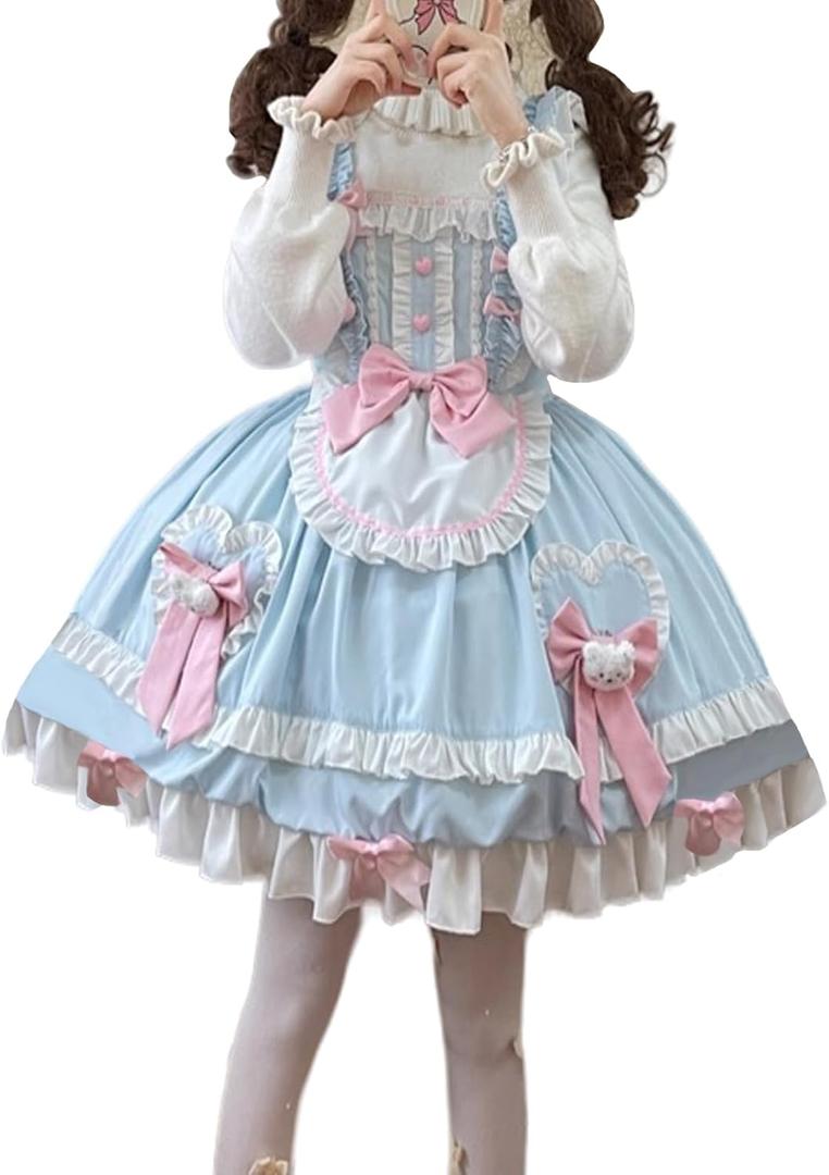 Packitcute Teens Lolita Princess Party Dress Japanese Sweet Bow Ruffle Hem High Waist A-line Sleeveless Cute Dresses Costume (Blue, Large)