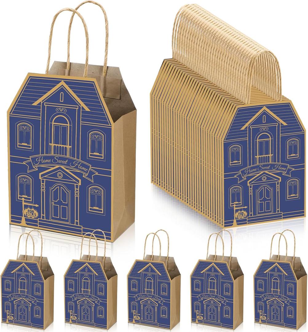 Colarr 50 Pcs Real Estate Agent Supplies House Shaped Gift Bag 5.25 x 3.25 x 8.25 Inch Real Estate Bag with Handles Kraft for Home Gift(Blue)
