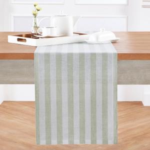 Solino Home Striped Table Runner 36 Inches - Sorrento Stripe, 100% Pure Linen Sage and White Small Table Runner 14 x 36 Inch Ideal for Dresser and Coffee Tables - Father's Day, Summer