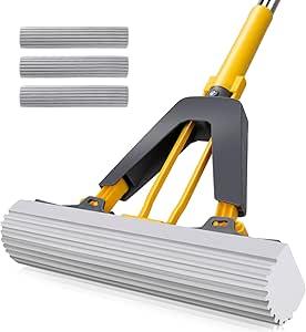 Masthome Sponge Mop,Roller Sponge Mop with 3 Absorbent PVA Mop Refills,Self Squeeze Sponge Mops and Stainless Steel Handle,PVA Sponge Mops for Floor Cleaning