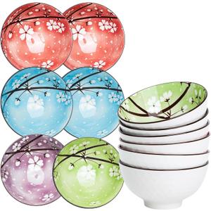 4.5 Inch Japanese Apricot Blossom Bowls,4 Colors Porcelain Rice & Soup Bowls, Available in 2, 4, or 6-Piece Sets, Elegant Floral Design (Set of 6)