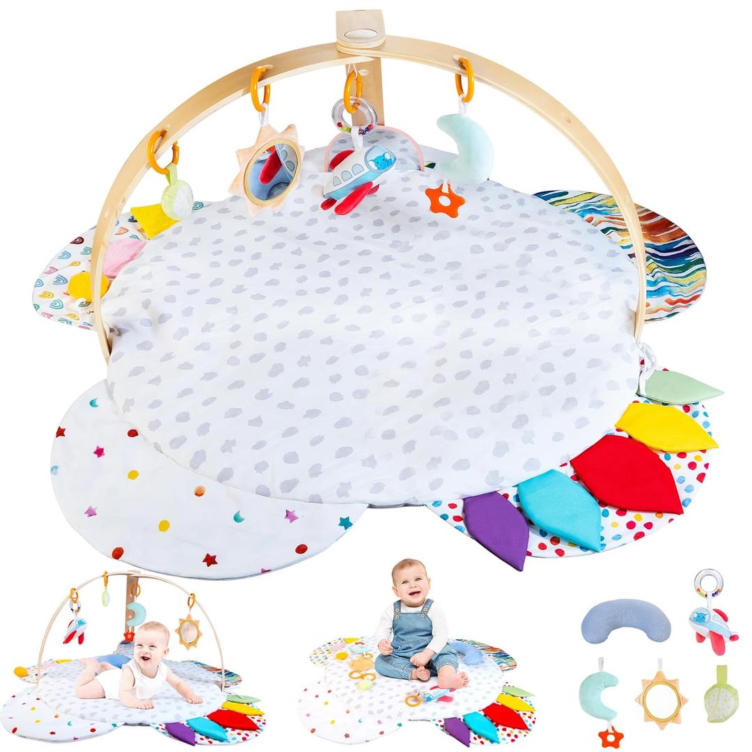Baby Play Gym & Activity Mat | Stage-Based Developmental Activity Gym & Play Mat for Baby to Toddler, Wooden Tummy Time Mat with Detachable Sensory Toys, Baby Essentials Shower Gift | FSC-Certified