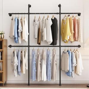 Industrial Pipe Clothing Rack Wall Mount, Black Pipe Clothes Rack with 6 Hanging Rods, Heavy Duty Pipe Clothing Rack for Laundry Room, Closet Systems for Walk in Closets (6rod-79"W)