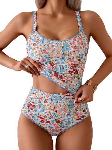 Eomenie Tankini Swimsuit for Women Tummy Control Ruched Two Piece Bathing Suits High Waisted Shell Stitch Swimwear Pink Floral, M Eomenie Tankini Swimsuit for Women Tummy Control Ruched Two Piece Bathing Suits High Waisted Shell Stitch Swimwear Pink Floral, M