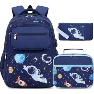 Bevalsa Backpack for Boys, School Bags for Kids, Bookbag for Boys Girls Children Teens Backpacks for Elementary Middle High school Student, Bookbag and Lunch Bag Set with USB Charging Port (Space)