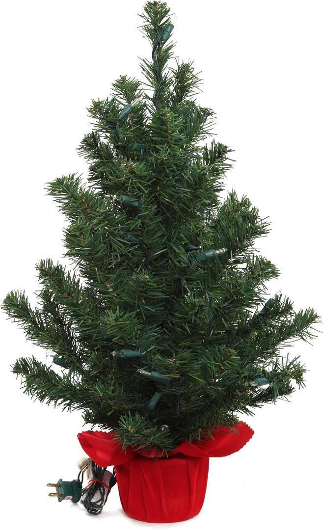 2' Pre-Lit Northern Spruce Christmas Tree with Red Cloth Base  Artificial Holiday Decoration for Home, Table & Mantel (Pack of 1)