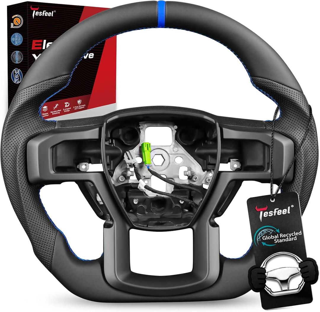 Full Leather Steering Wheel for F150 Raptor 2017-2020 Gen 2
Heated Compatible, D-Shape Flat Bottom, Perforated Leather Grip, Blue Stripe & Stitching, Matching Matte Accent