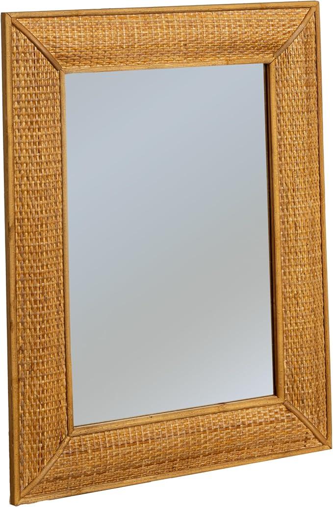 Rectangle Wood Framed Wall Mirror with Rattan Detail, Brown 24x36 inches