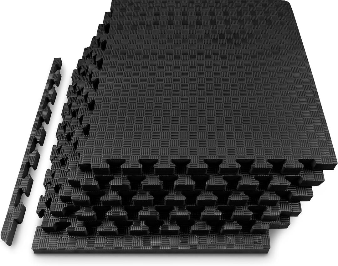 ProsourceFit Exercise Puzzle Mat 1-in, Checkered EVA Foam Floor Tiles w/Non-Slip Texture, Gym Mat w/Interlocking Foam Tiles for Adjustable Surface, Shock Absorbing, Waterproof Gym Flooring, Black