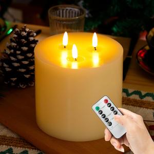 Extra Large Flameless Candles, 6"x6" Real Wax Battery Operated Candles with Remote and Timer, Flickering LED Pillar Candles with 3 Wicks for Home, Wedding, Party, Holiday, Ivory