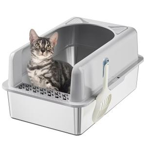 Ptlom Extra Large Stainless Steel Litter Box with Lid Metal Open Top Cat Litter Pan with Scoop