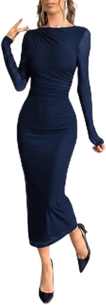 LIGHT DOT Women's Long Sleeve Bodycon Midi Dress Classy Elegant Mesh Ruched Cocktail Dress Guest Evening Formal (X-Large, Blue)