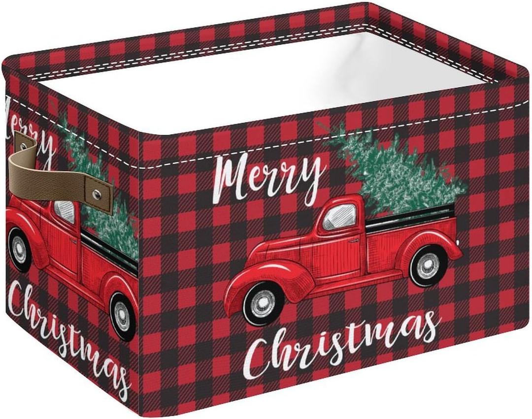 Christmas Truck Foldable Storage Baskets, Red Storage Cube Box with Handles Collapsible Closet Shelf Cloth Organizer Basket for Shelves Home Office Bedroom (color-10)