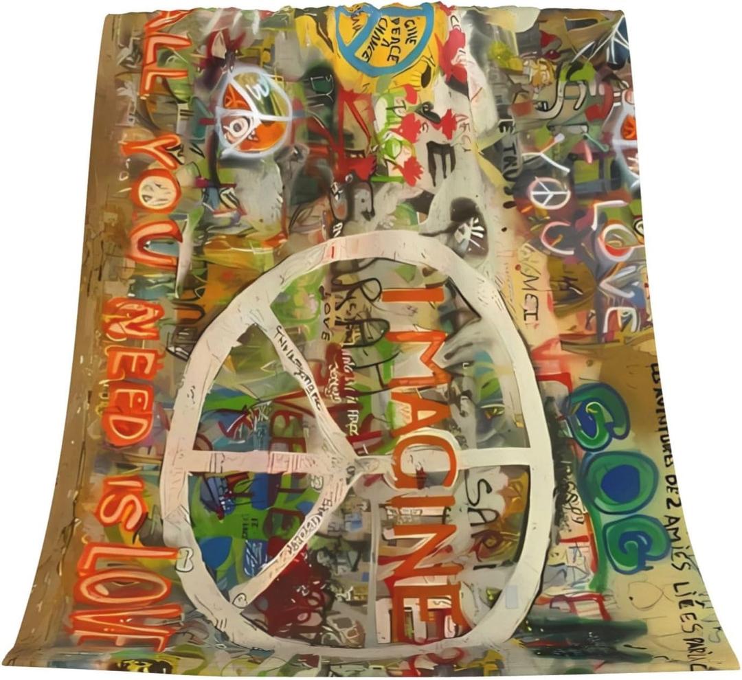 Rectangle Peace Sign Graffiti All You Need is Love Fleece Throw Blanket for Couch Chair Bed Women Men - Lightweight Plush Fuzzy Cozy Soft Blankets and Throws for Sofa Travel Camping, 50x40 inches